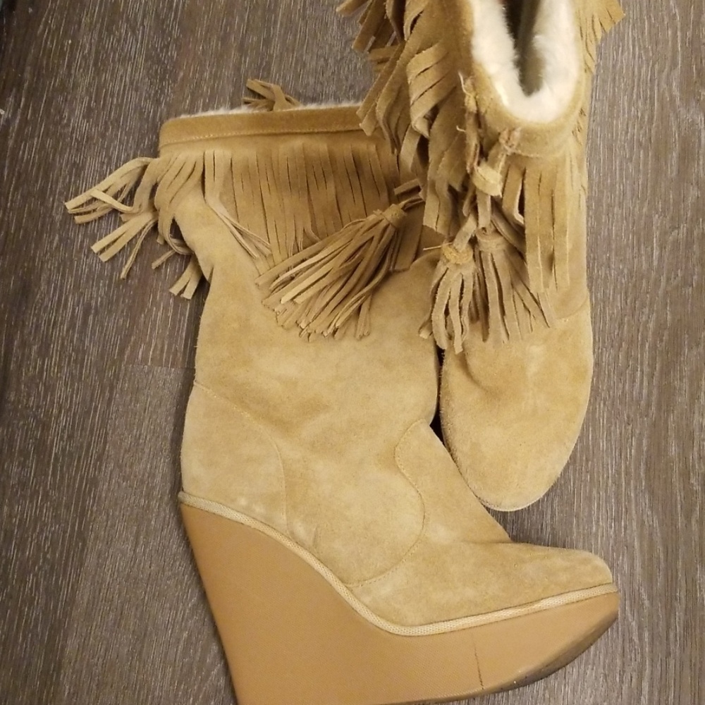 Suede  Mid Calf Wedge Boots